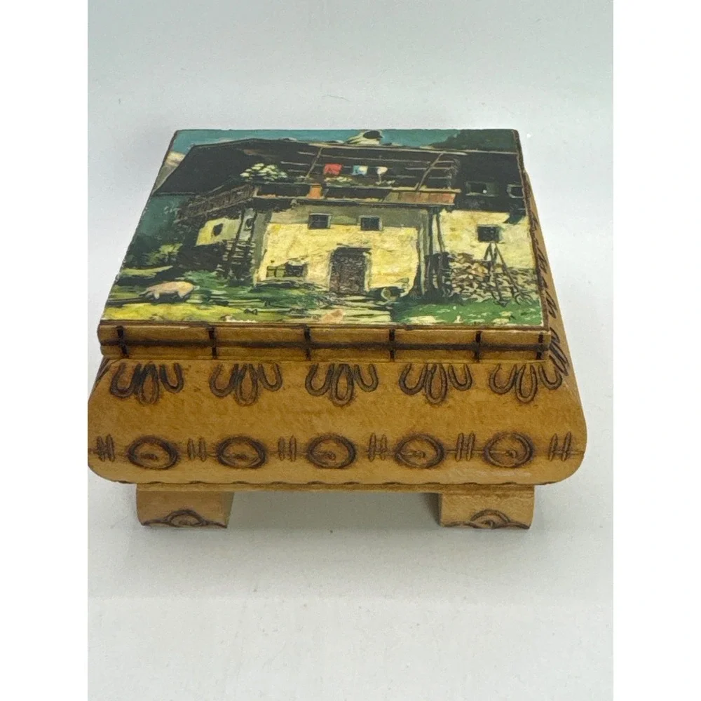 Vintage Innsbruck Austrian Alpine Wood Trinket‎ Box Hand Painted Cottage Scene